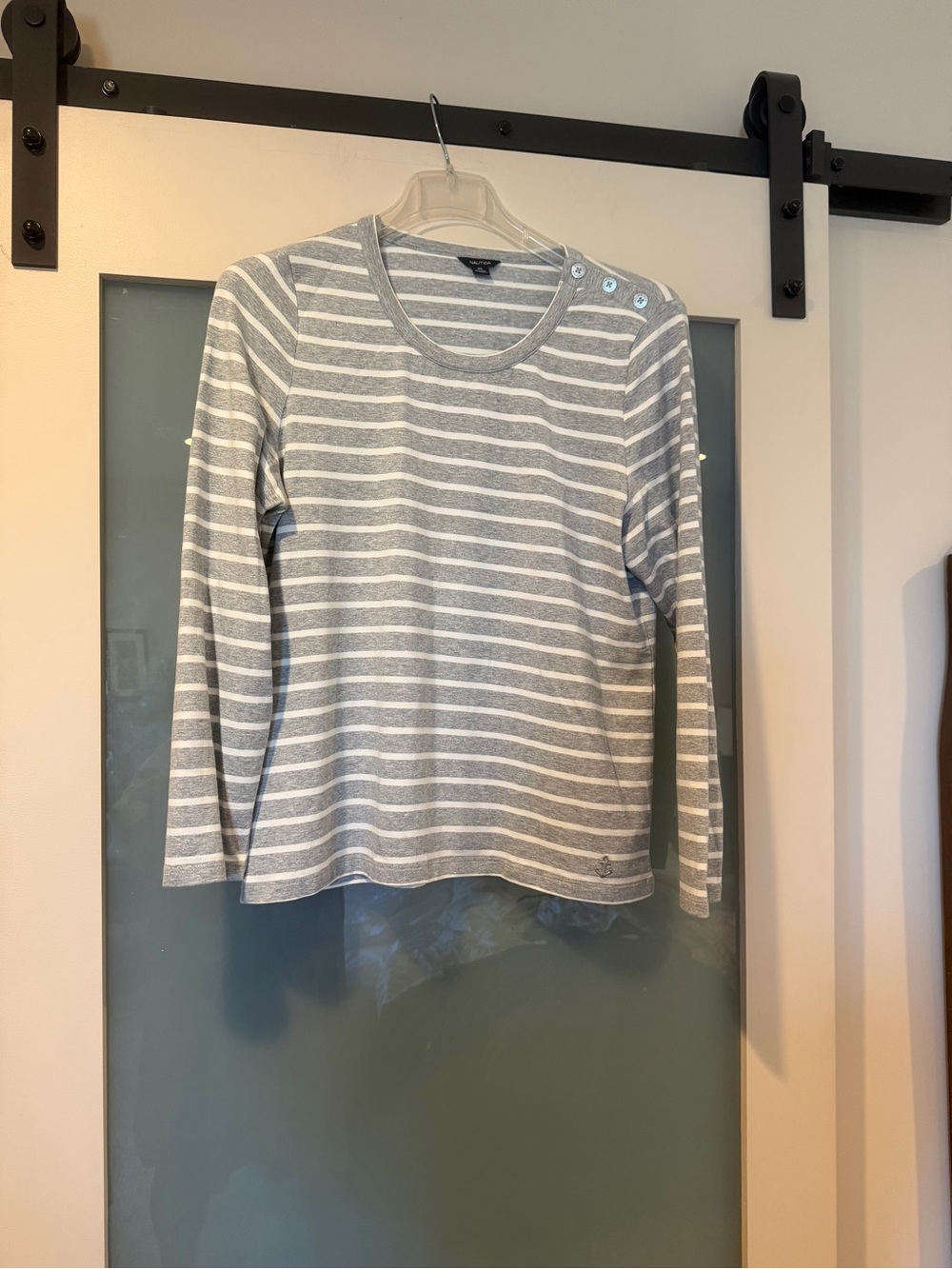 Nautica Striped Gray & White Long-Sleeve Crewneck Top